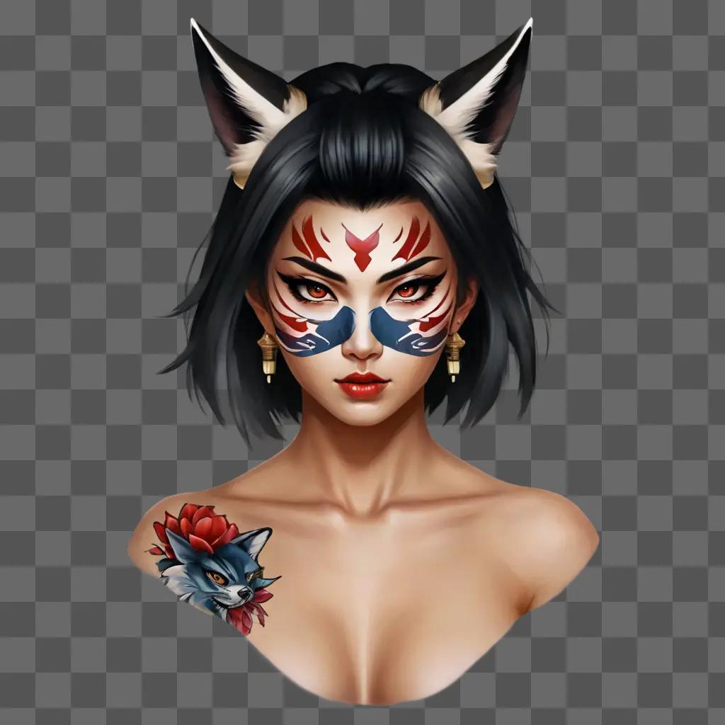 samurai mask tattoo design A girl with a tattoo of a rose and a wolf has a painted face