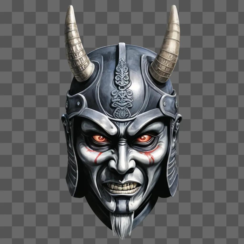 samurai mask tattoo design A man with horns wears a metal helmet