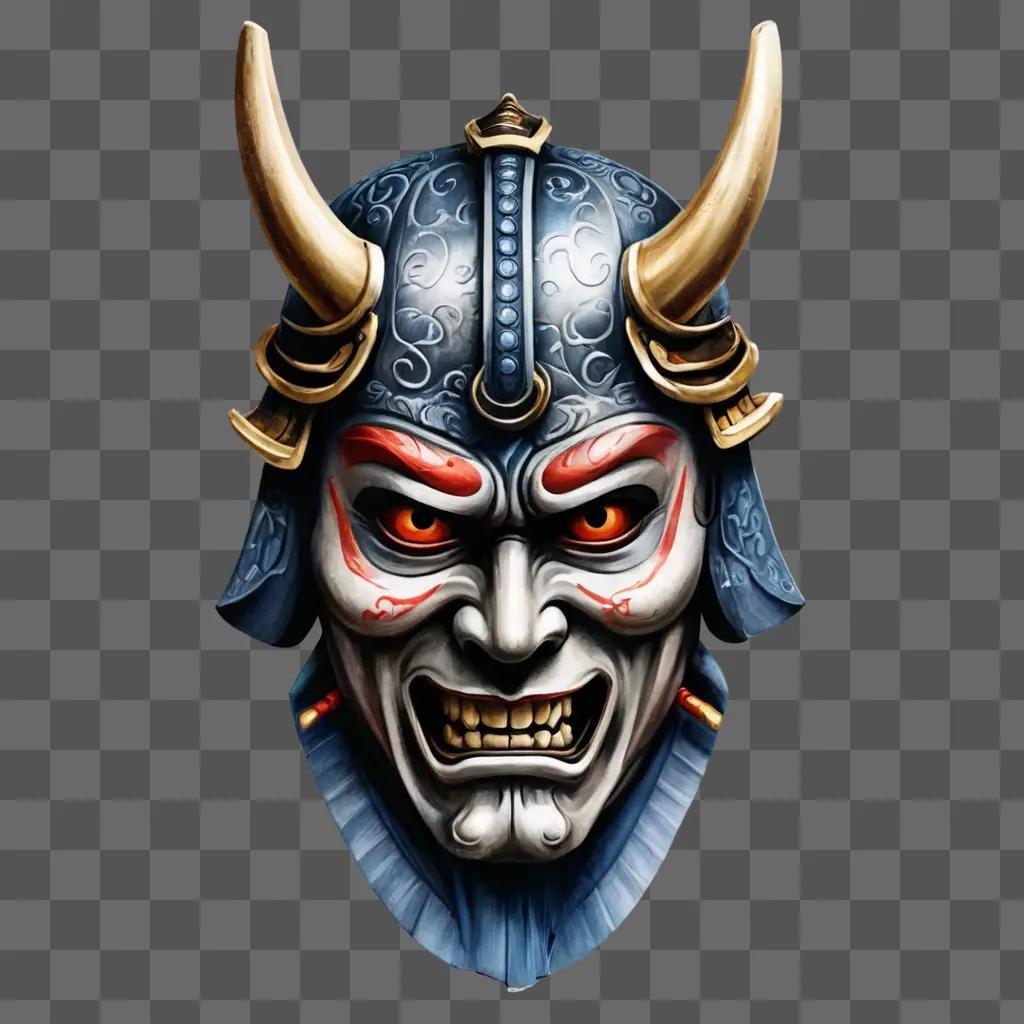 samurai mask tattoo design A mask with a red face and horns on a gray background