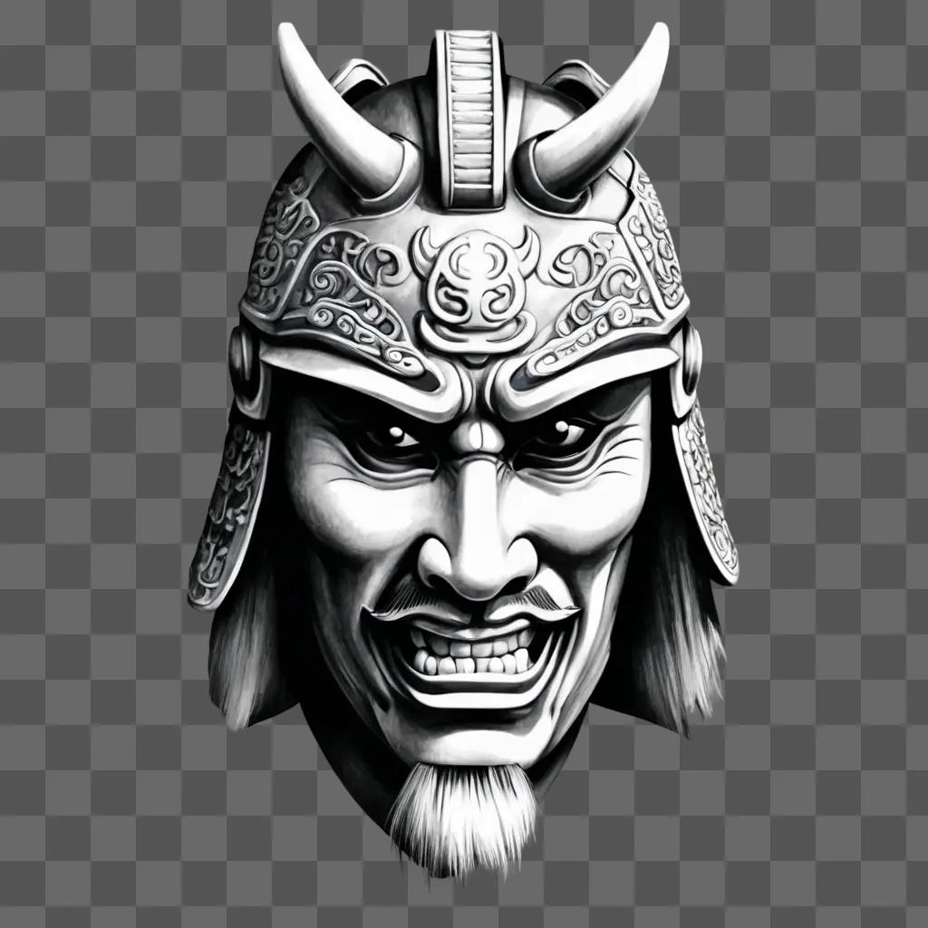 samurai mask tattoo design Black and white warriors face with horns and a mask