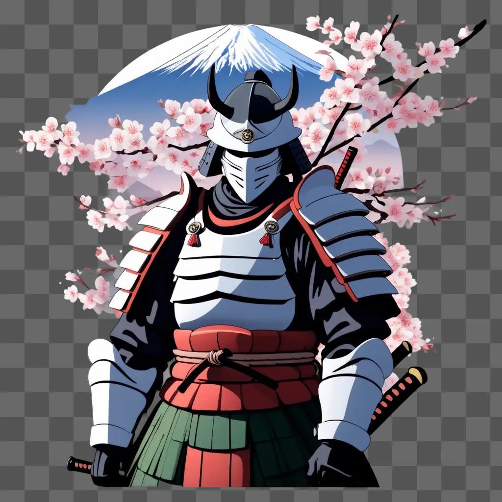 桜の前に立つ甲冑姿の武士
