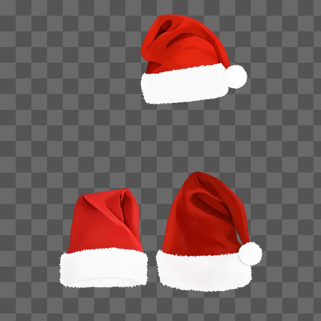 santa hat drawing with colour Three Santa hats on a red background