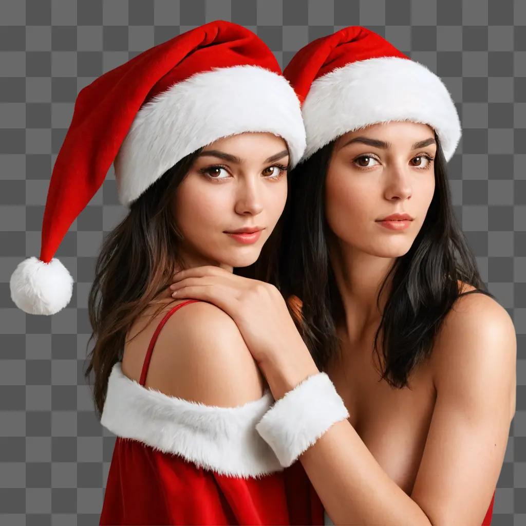 santa hat illustrated Two women posing in Christmas attire