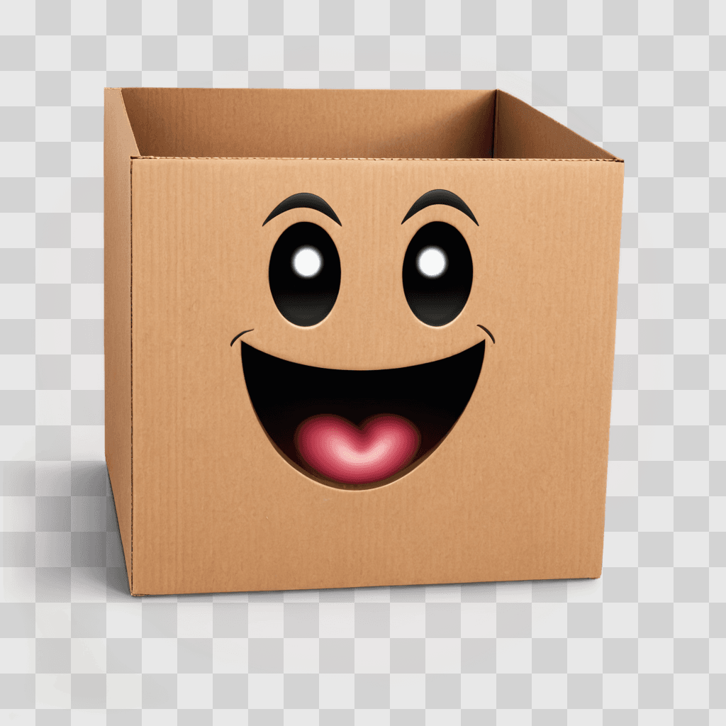 scared emoji face A smiling cardboard box sits in a light-filled room