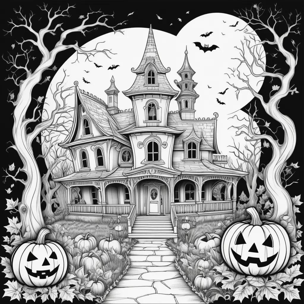 scary Halloween coloring page featuring a spooky house