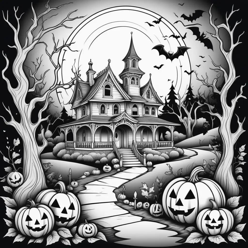 scary Halloween coloring page with a haunted house and pumpkins