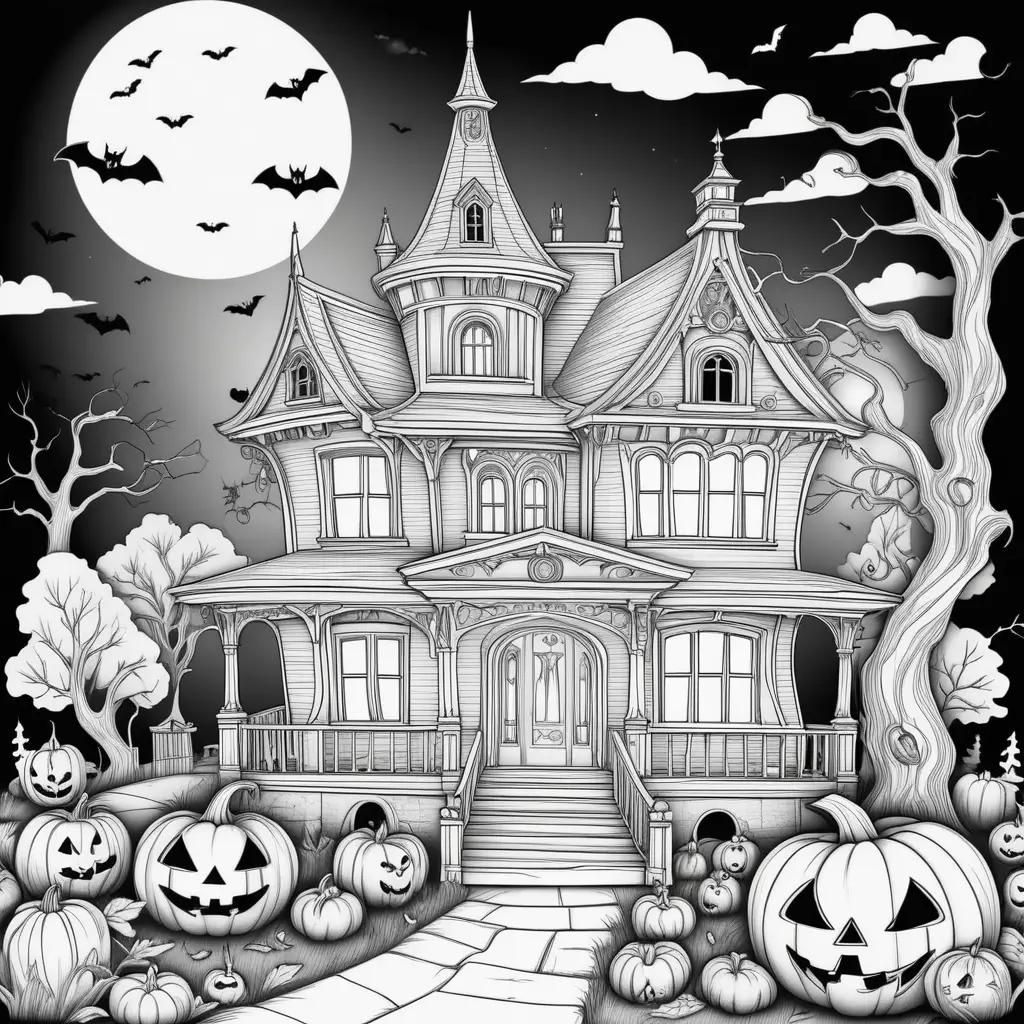 scary Halloween coloring page with a pumpkin and bats