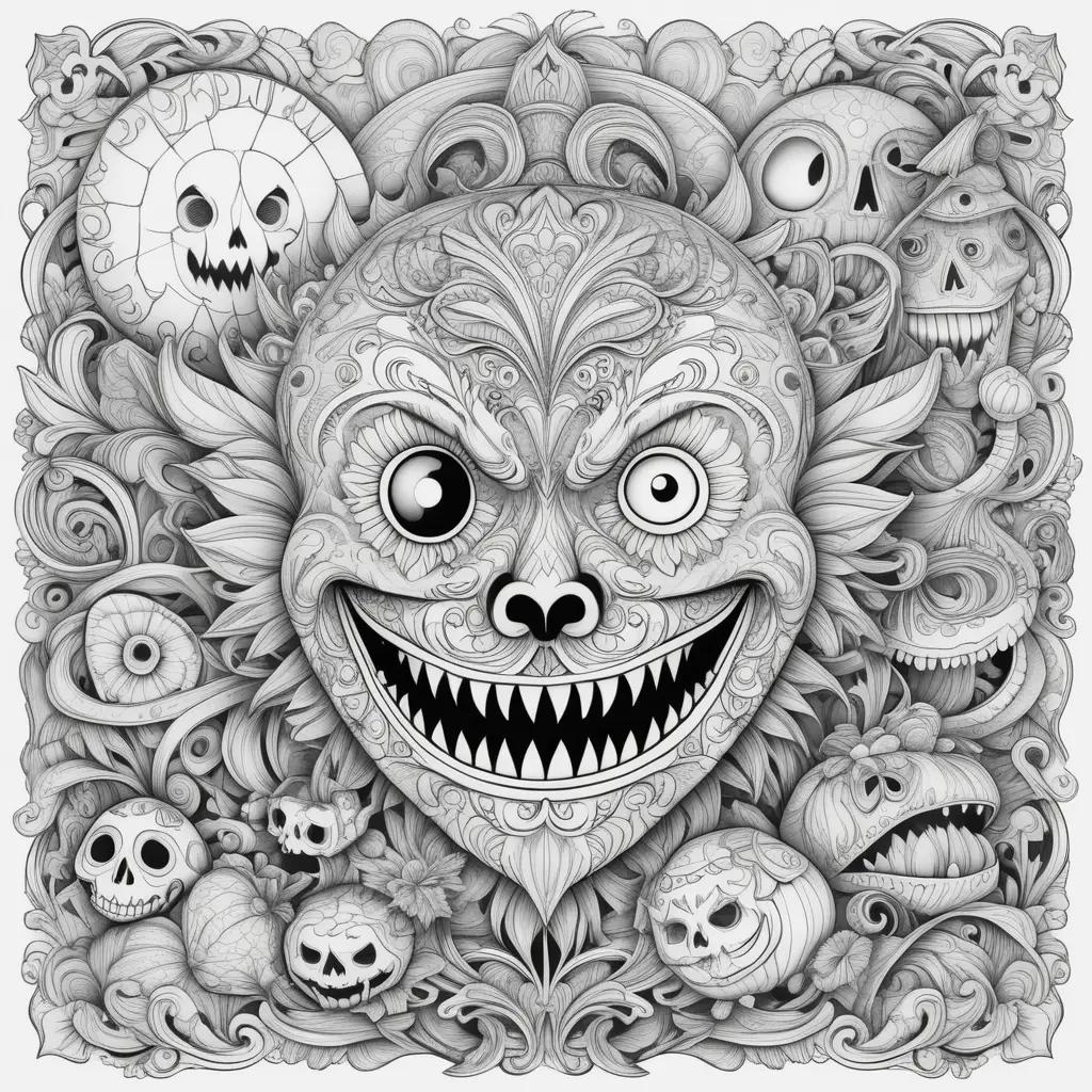 scary coloring page with a scary face and skulls