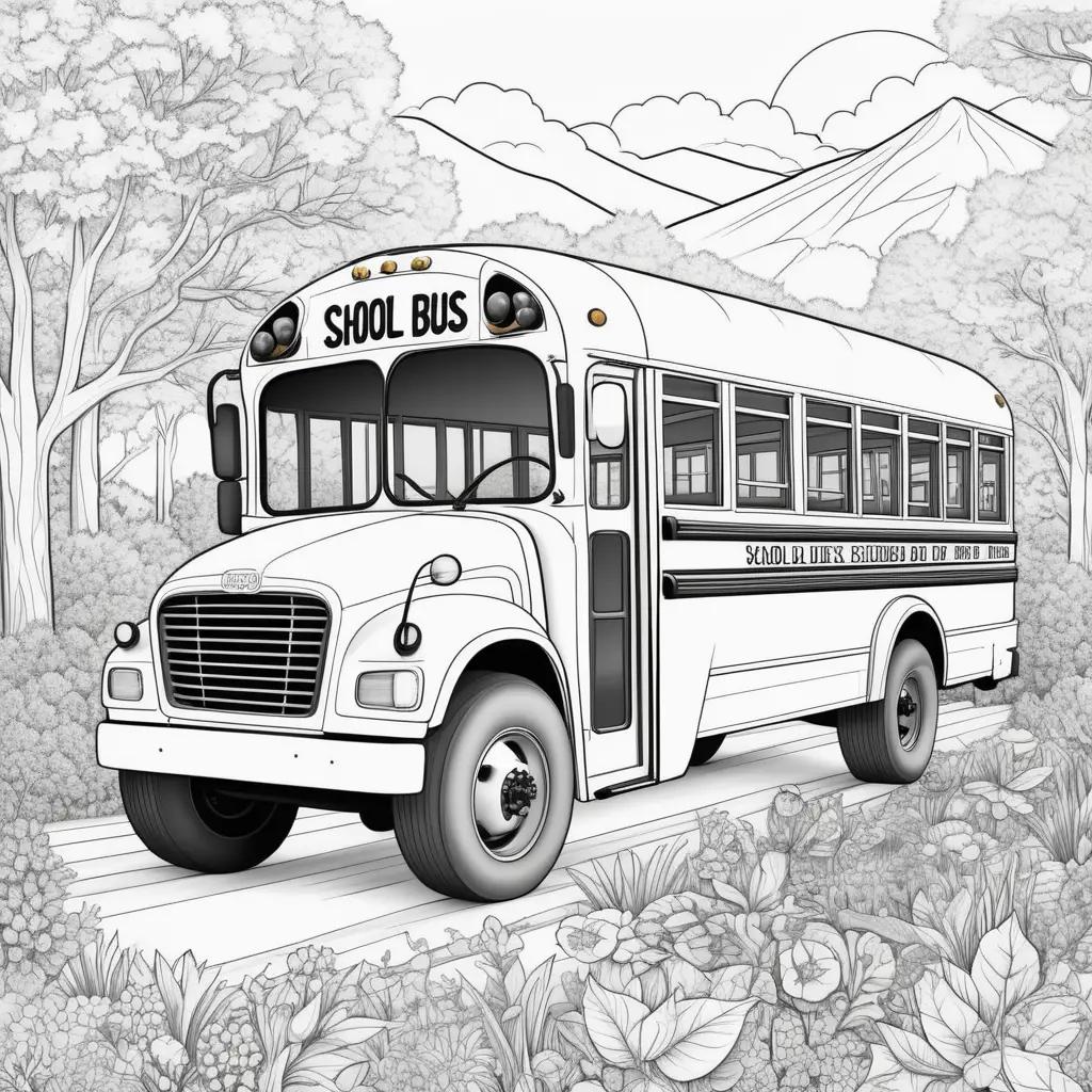 school bus coloring page with trees and mountains in the background