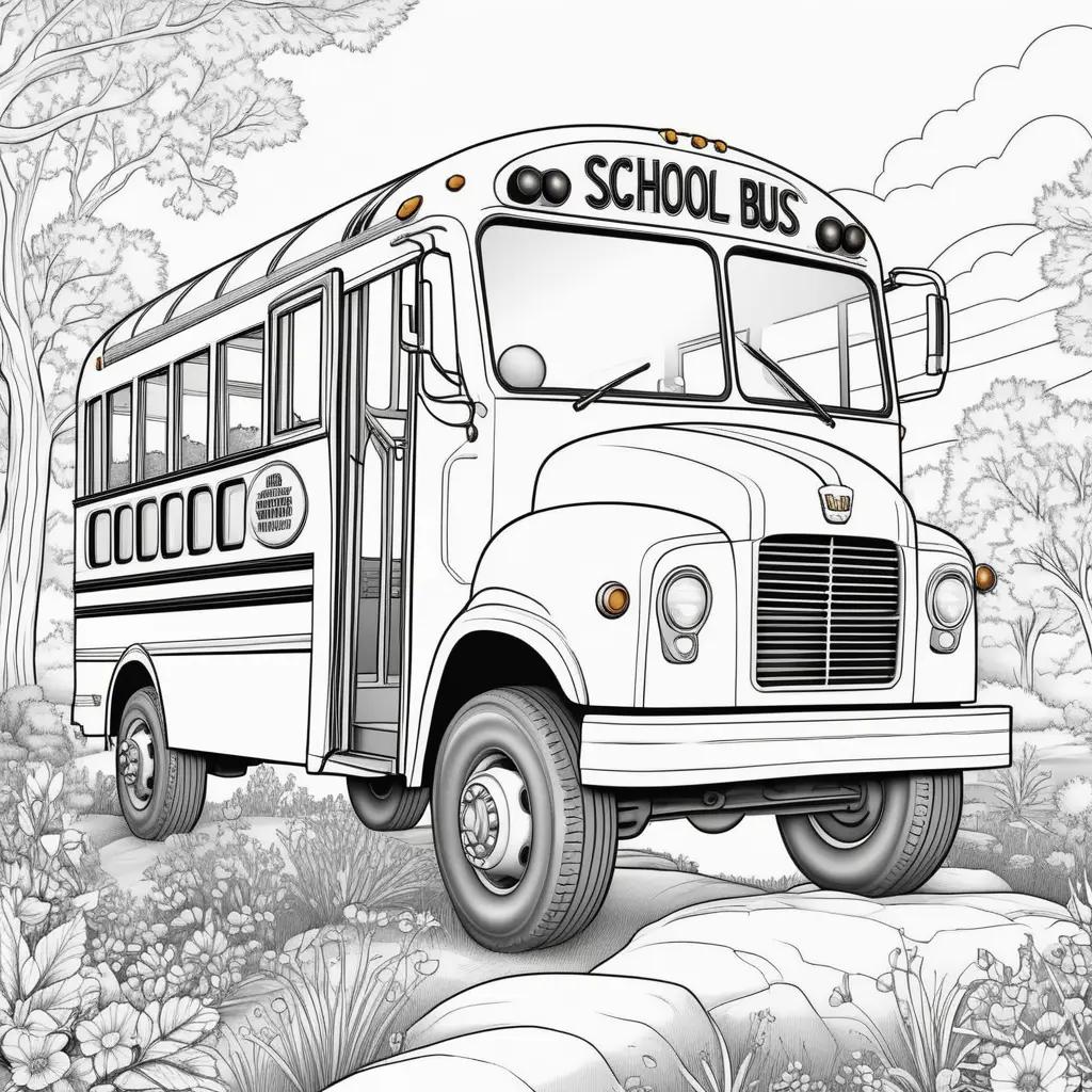 school bus drawing with flowers and trees