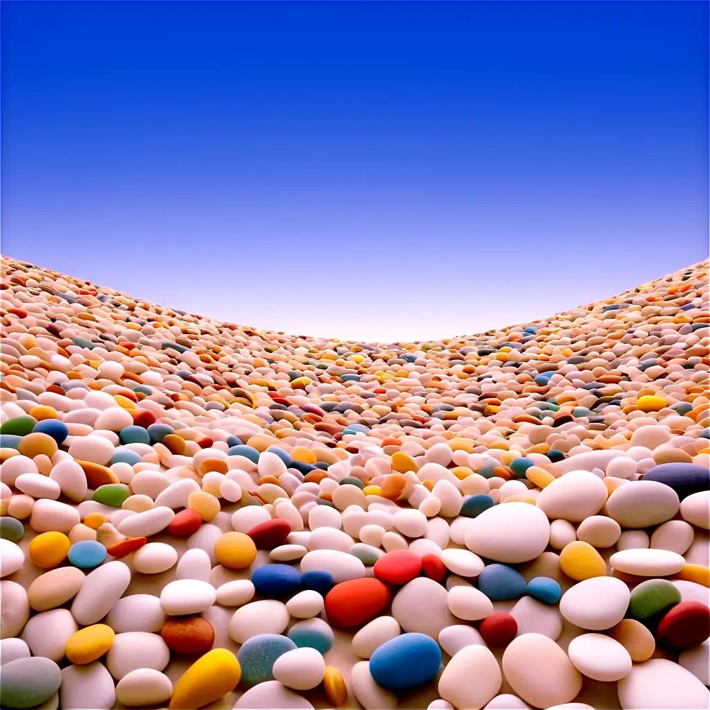 sea of colorful pebbles and rocks under a blue sky