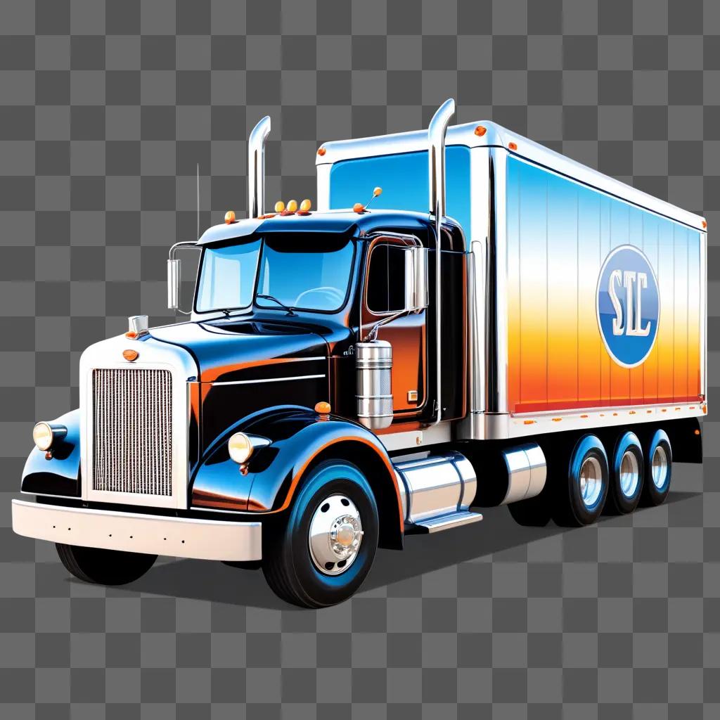 semi truck with orange and blue paint and a logo