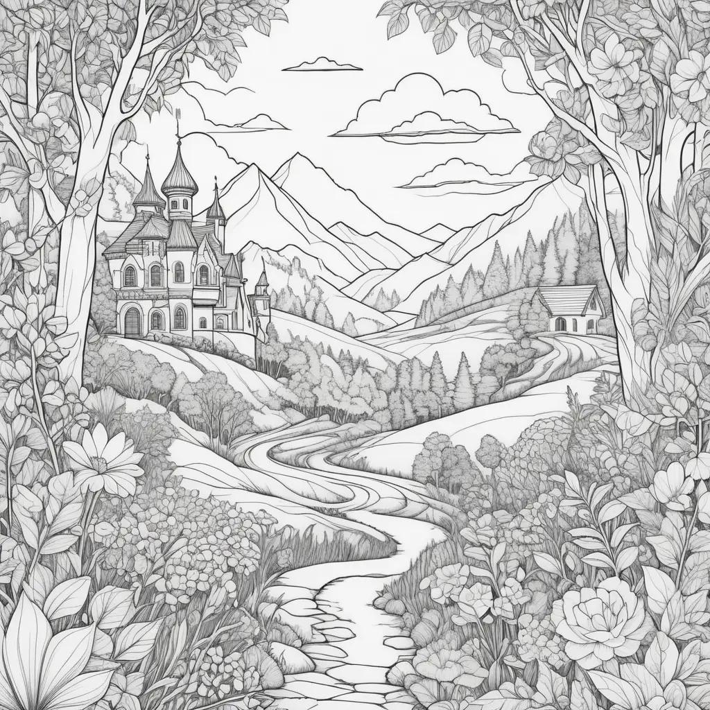 serene adult coloring page featuring a castle and a river