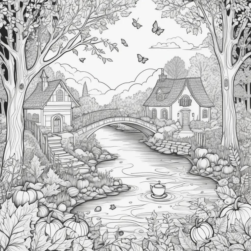 serene autumn landscape featuring a bridge and a house