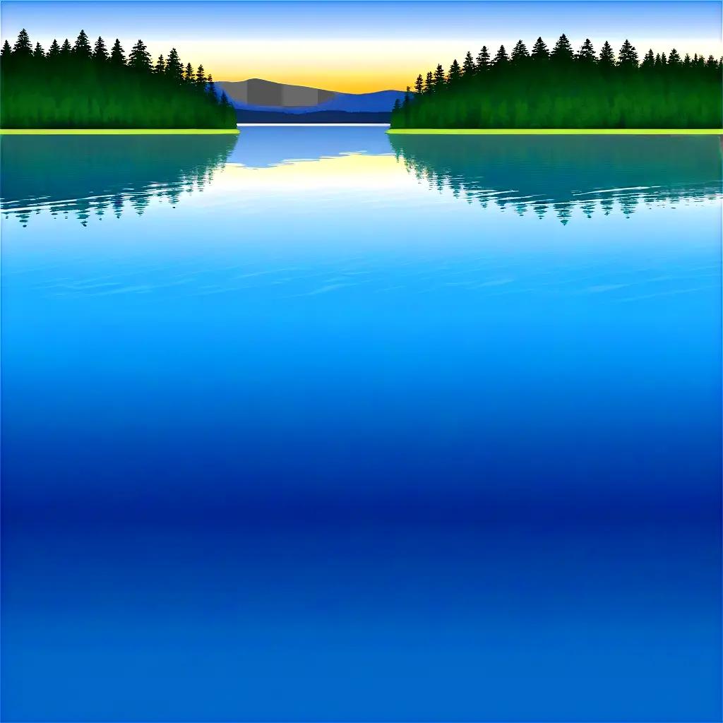 serene blue water clipart scene with a mountain and forest in the background