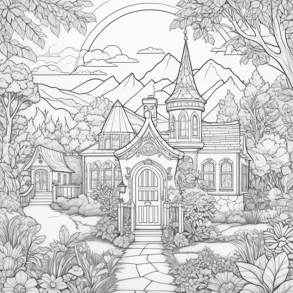 serene coloring page of a home with a mountain in the background