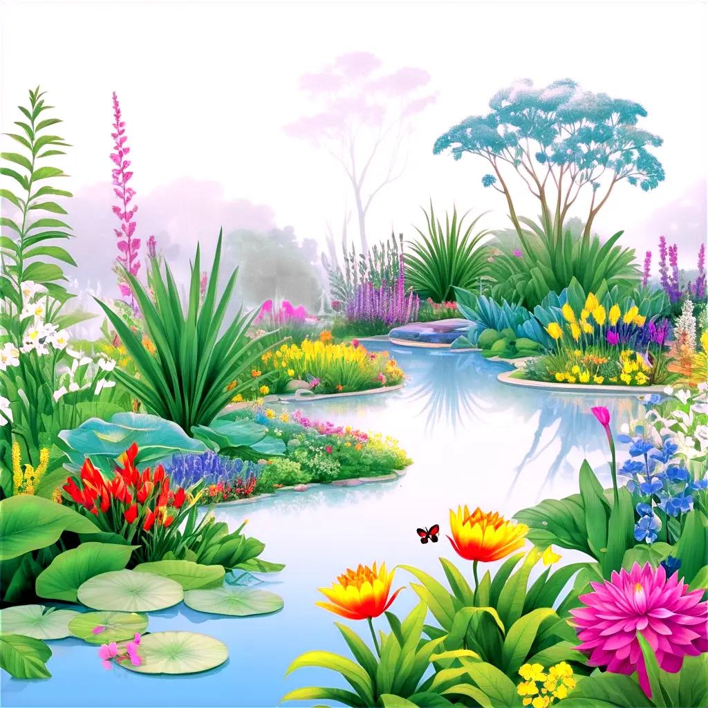 serene garden scene with plants and flowers