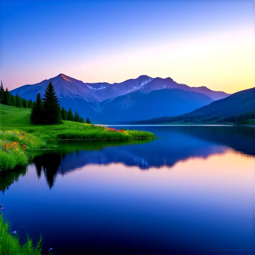 serene lake at dusk with mountains in the background