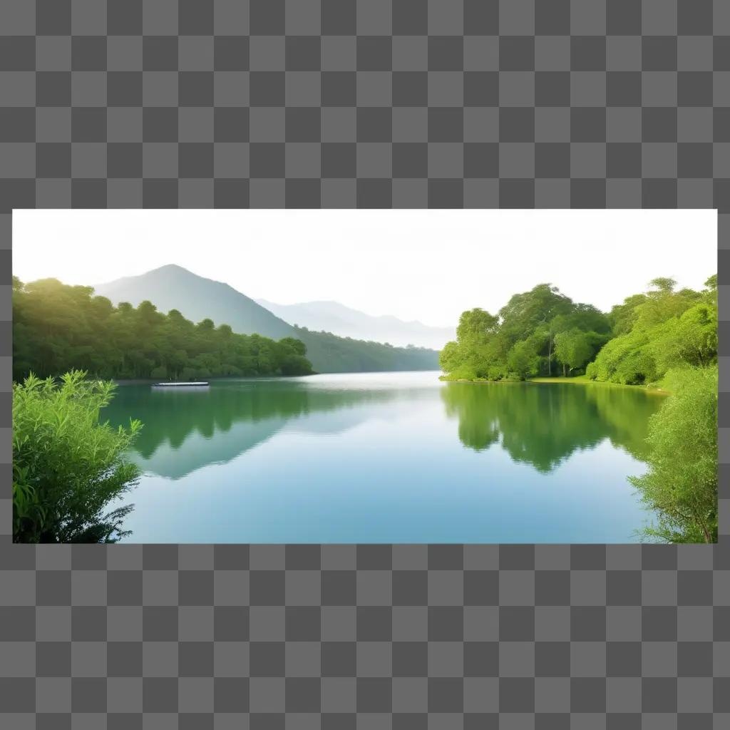 serene lake in the forest with mountains in the distance