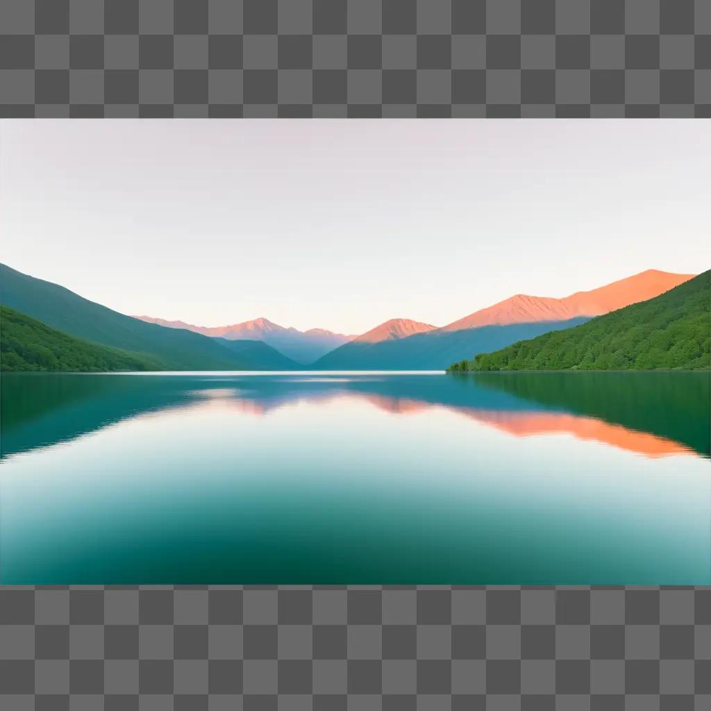 serene lake scene with mountains and trees in the distance