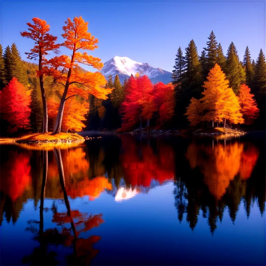 秋の木々と山々が生い茂る穏やかな湖