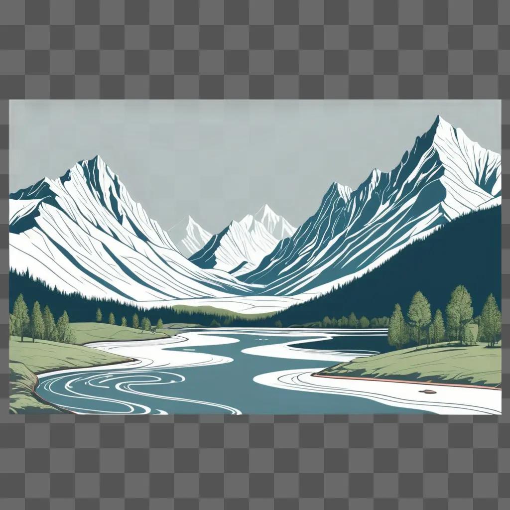 serene mountain landscape rendered in line art style