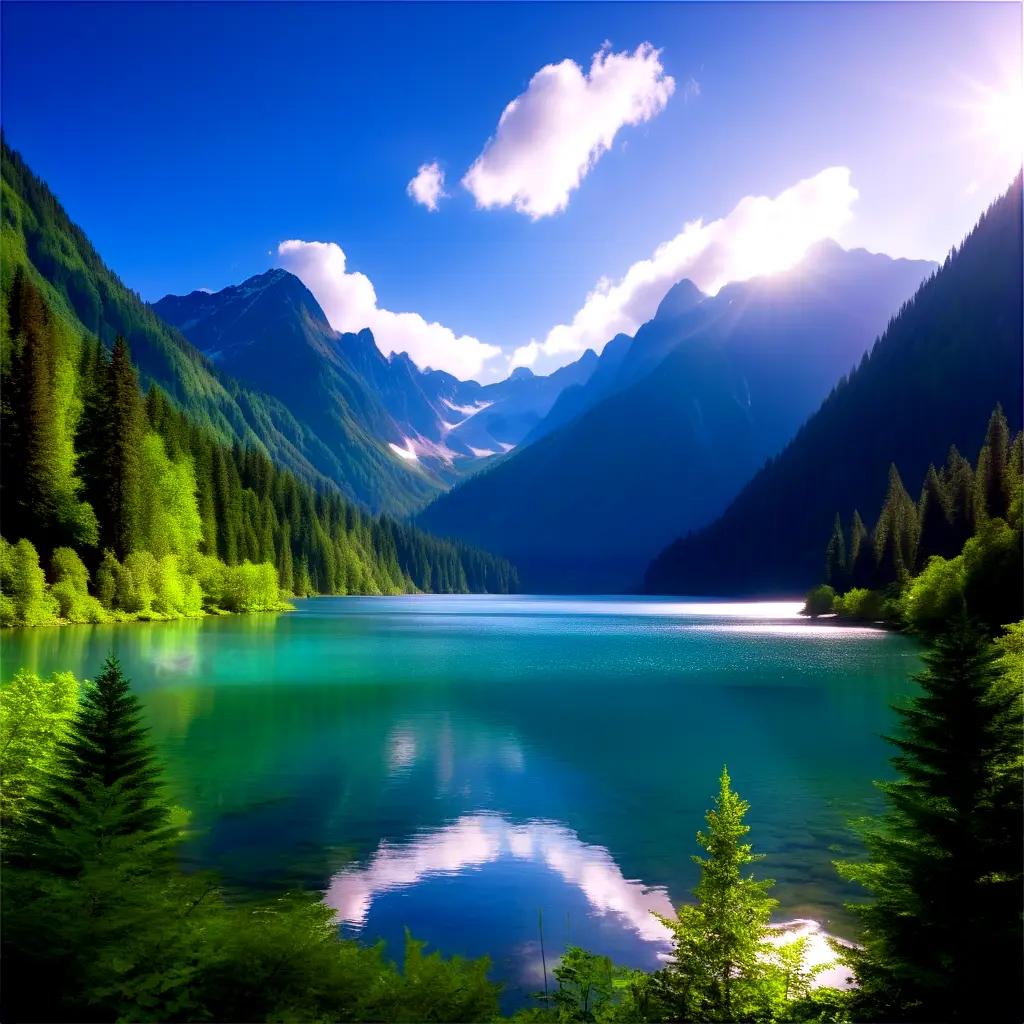 serene mountain scene with green trees and a calm lake