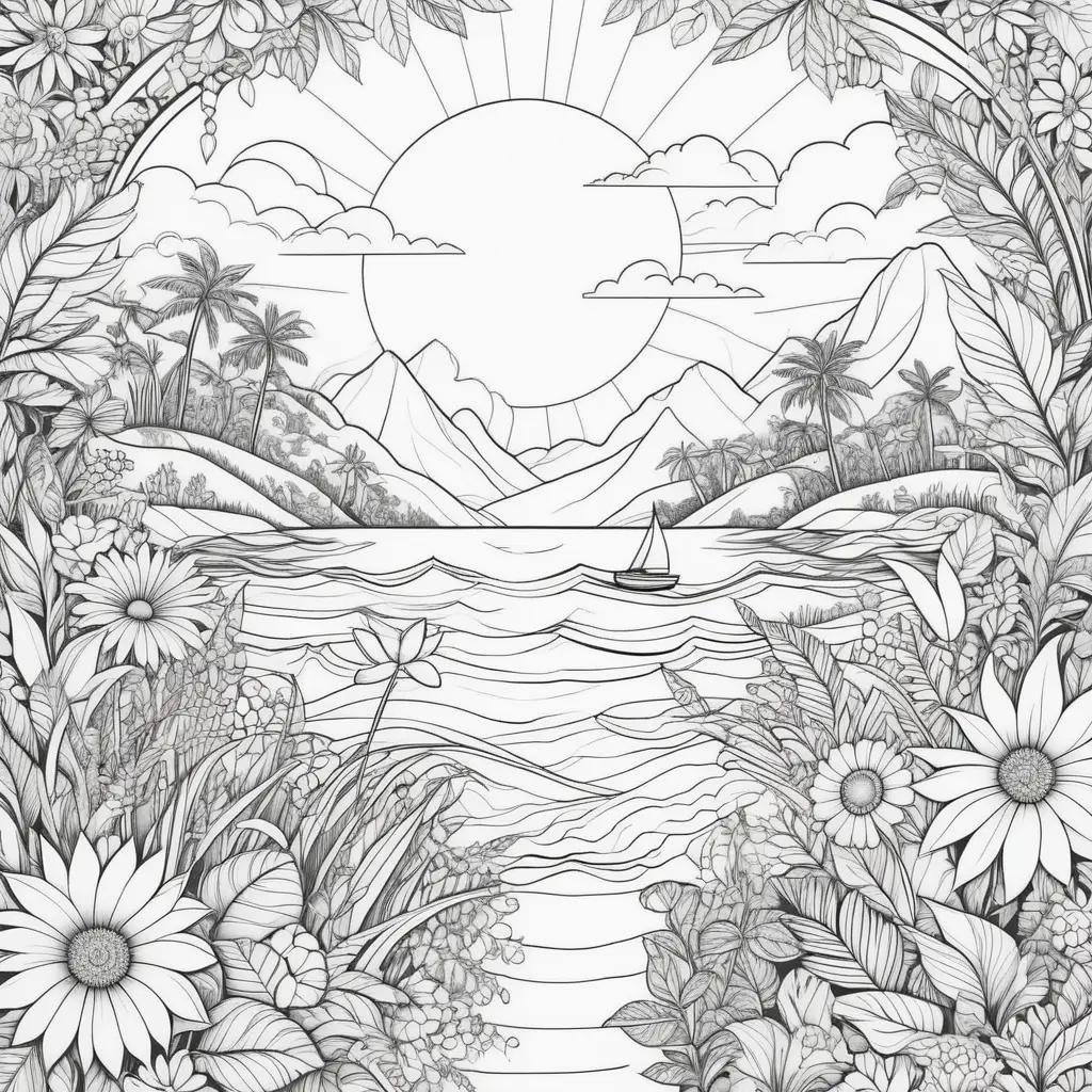 serene summer coloring page featuring a boat on a lake and flowers