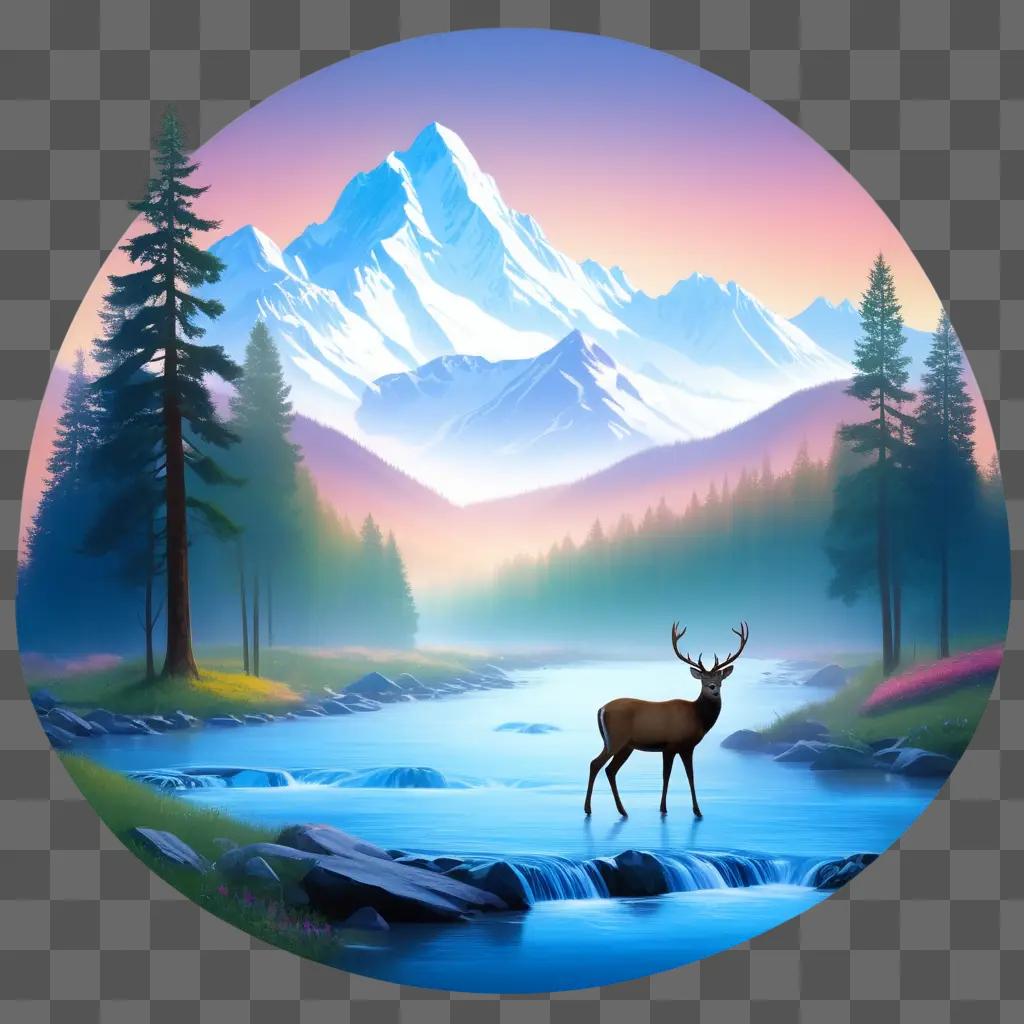 serene winter scene with a deer and mountain range