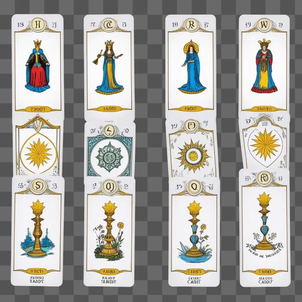 series of tarot cards with symbols and numbers