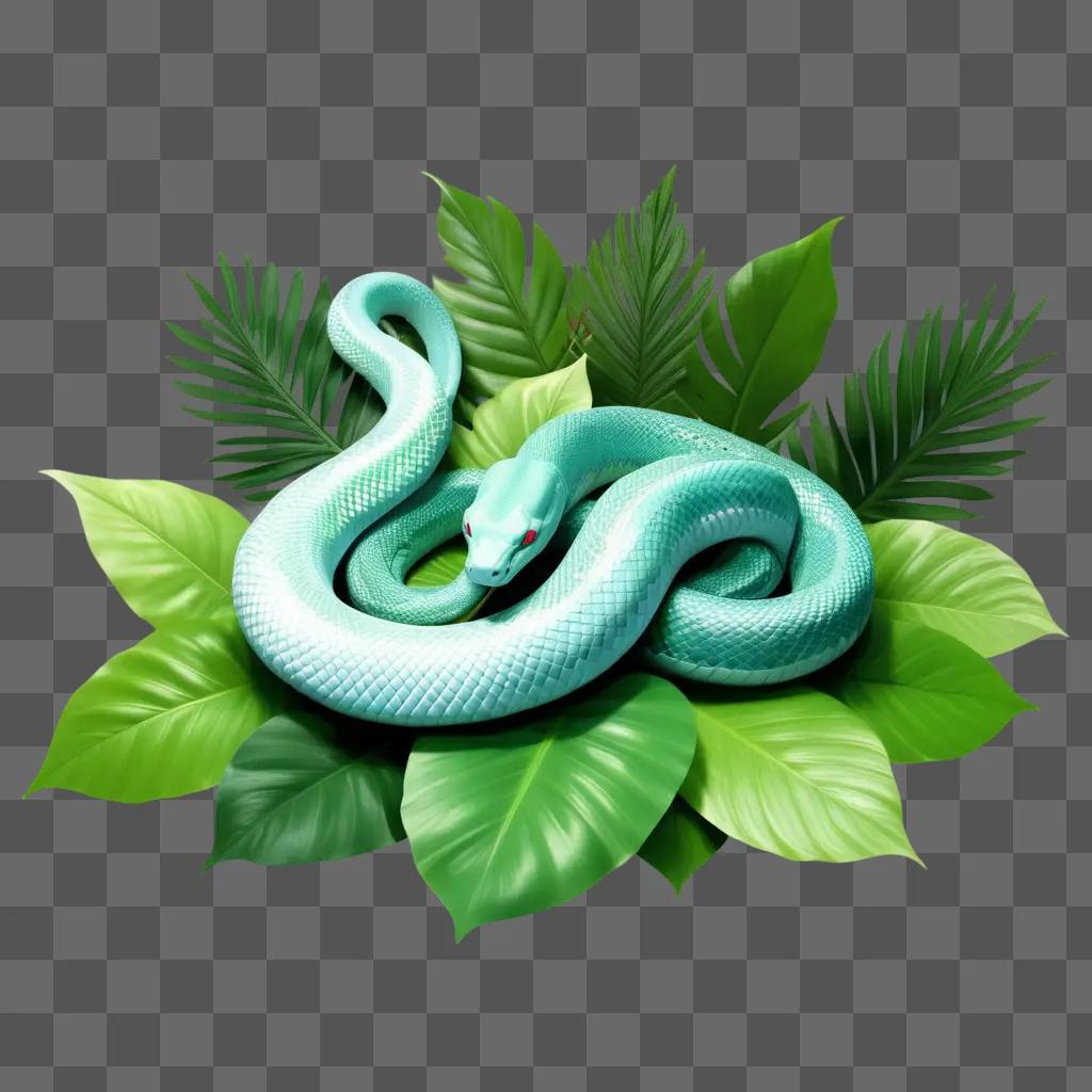 serpent in green with red eyes is curled around green leaves