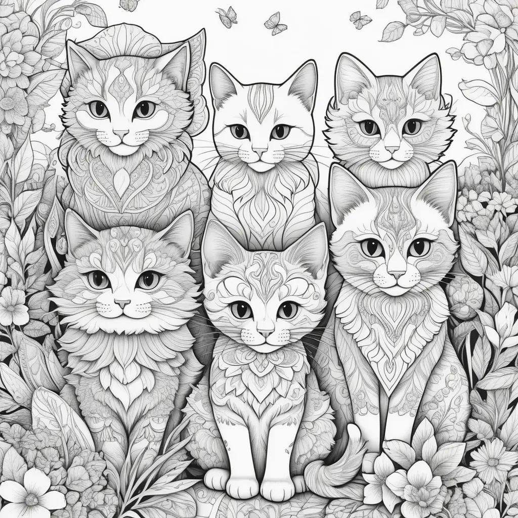 set of coloring pages featuring kittens with a floral background