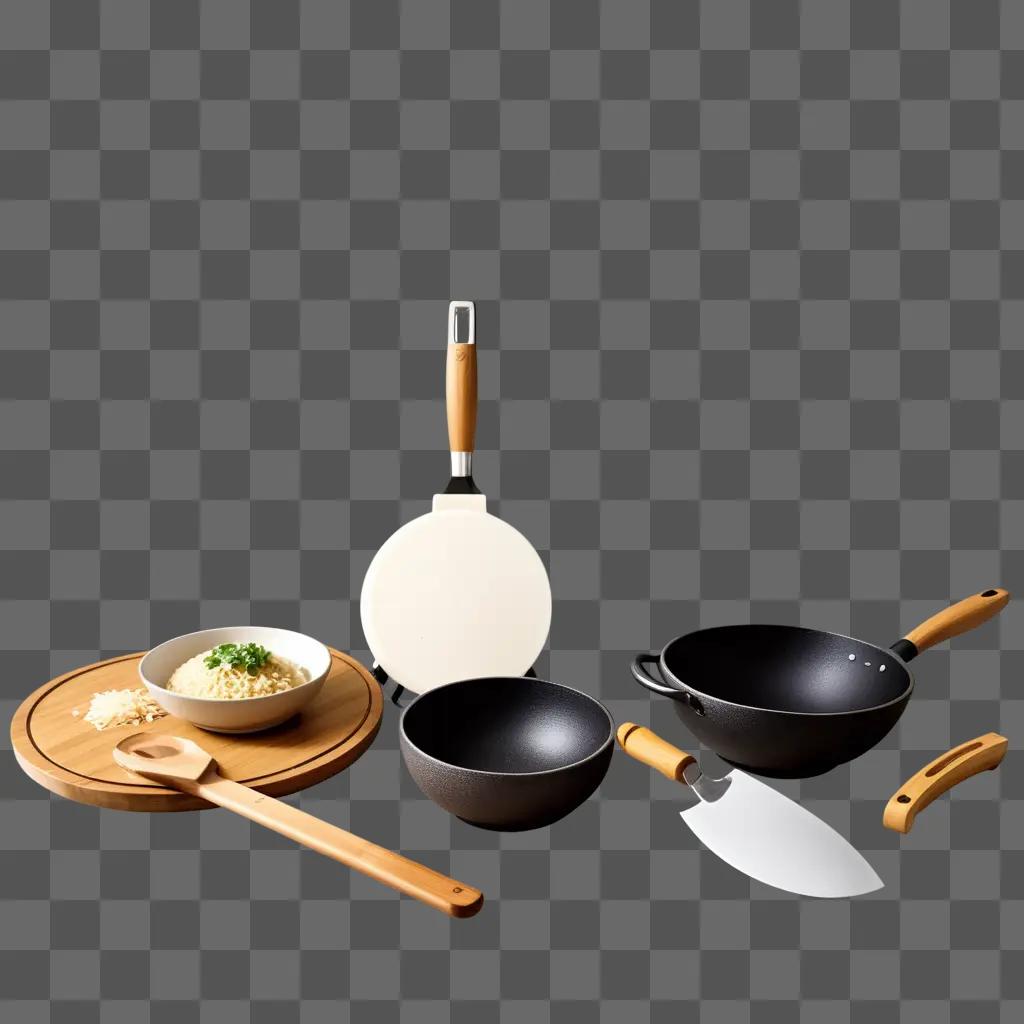 set of kitchen utensils on a wooden tray