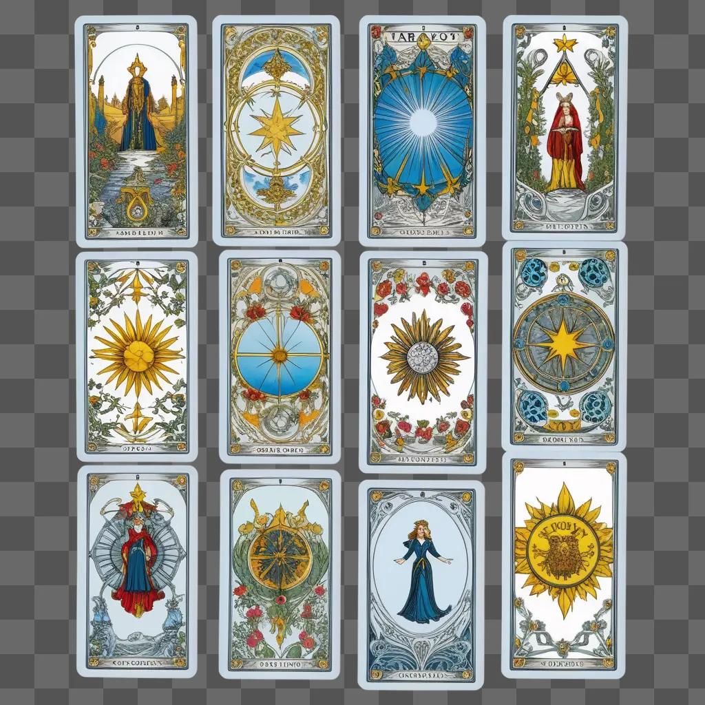 set of tarot cards with a sun and star designs