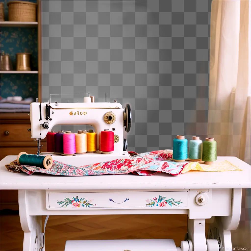 sewing machine sits on a table with colorful thread