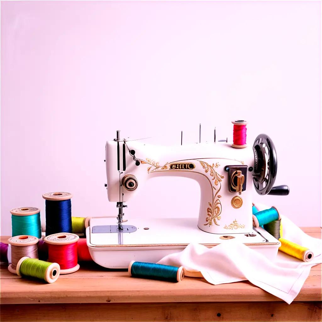 sewing machine sits on a table with threads