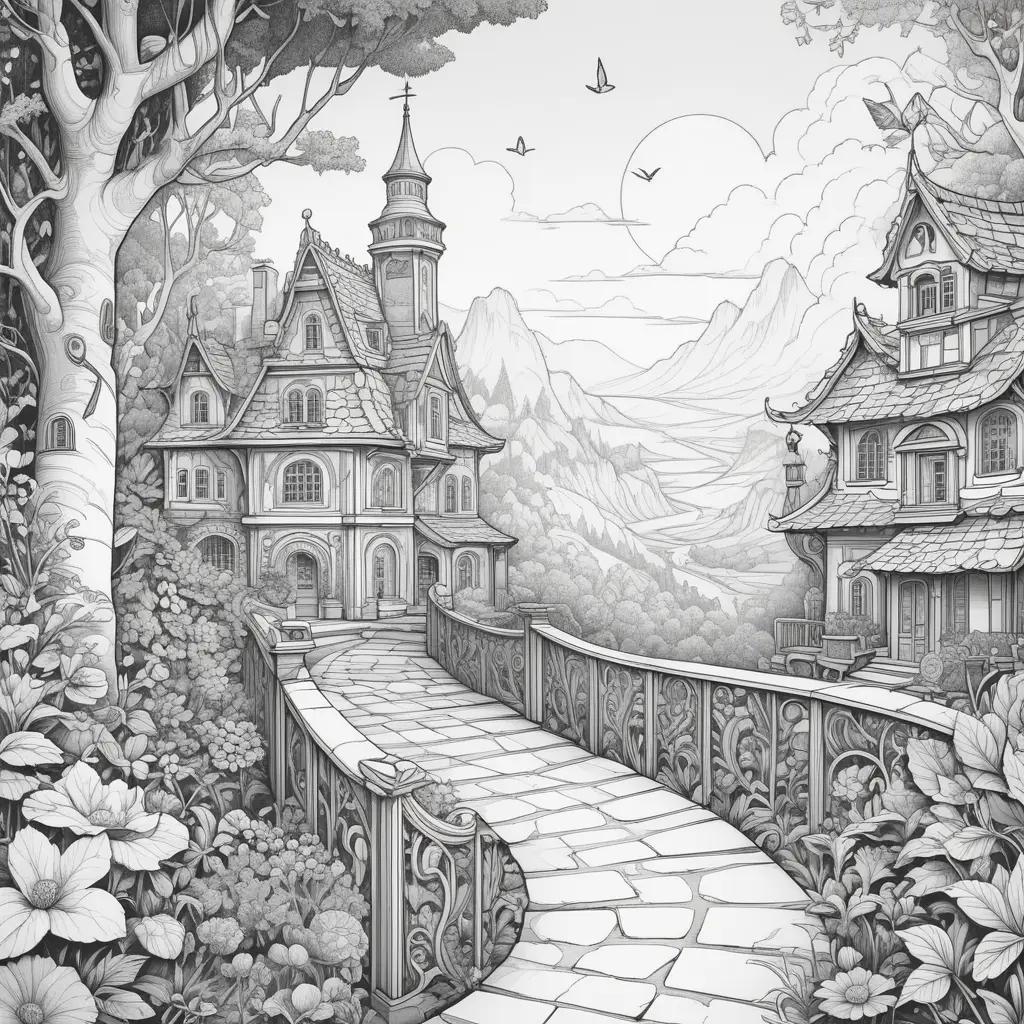 shadowy castle and pathway scene in black and white