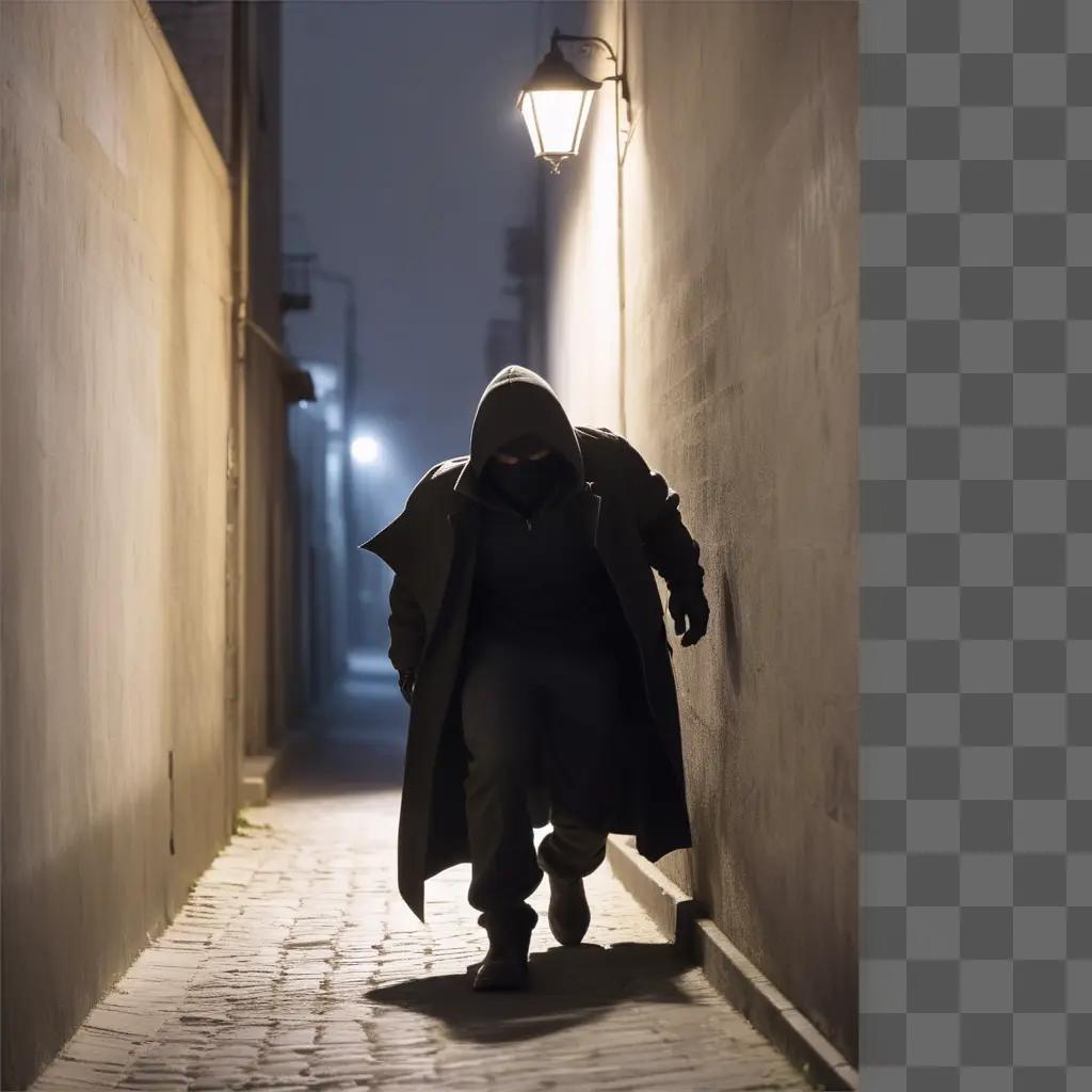 shadowy thief walks down a dark alley