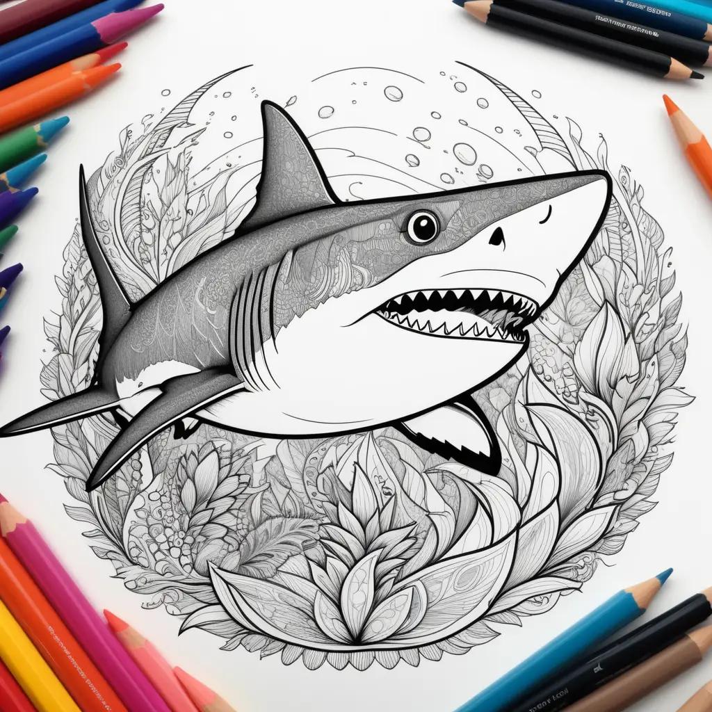 shark coloring page with a circle of color around it