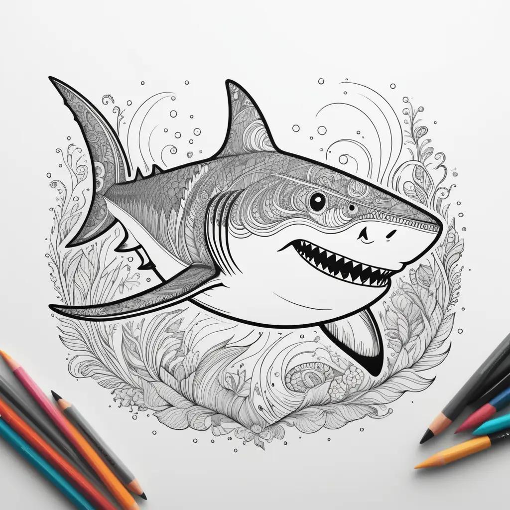 shark coloring page with a circle of flowers and pencils