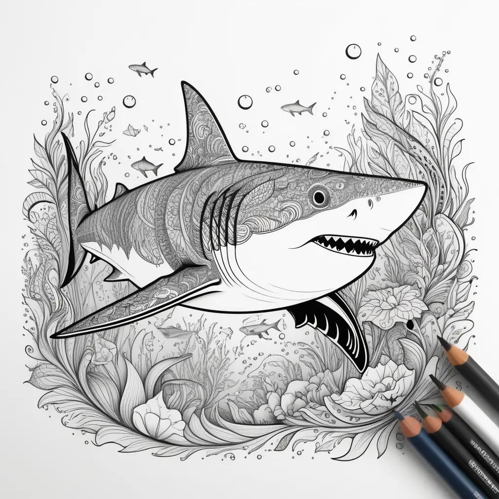 鉛筆と黒のペンでサメのぬりえ