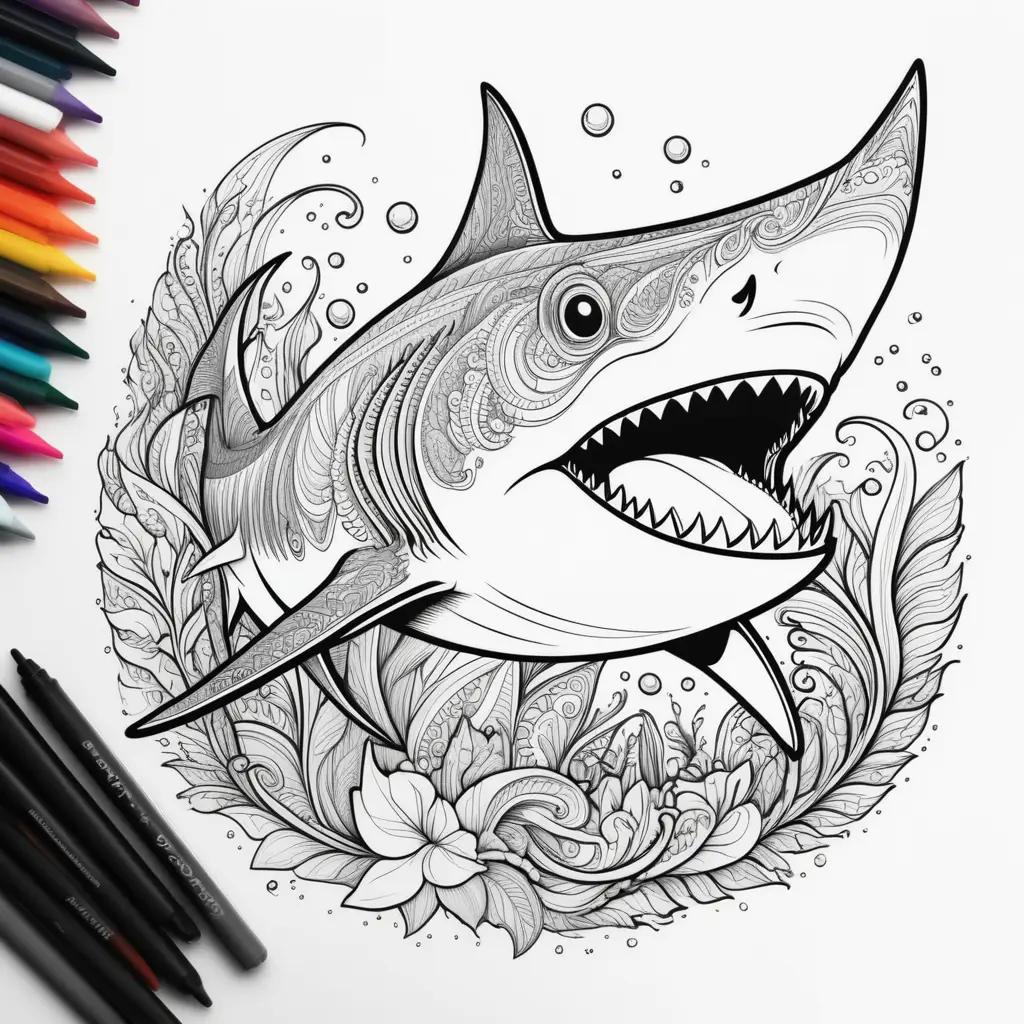 shark coloring page with a variety of markers and pens