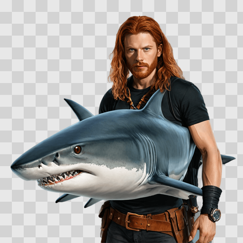 shark drawing A man with red hair and a watch holds a large shark