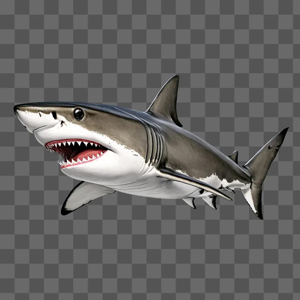 shark drawing for kids A large shark with a mouth open on a gray background