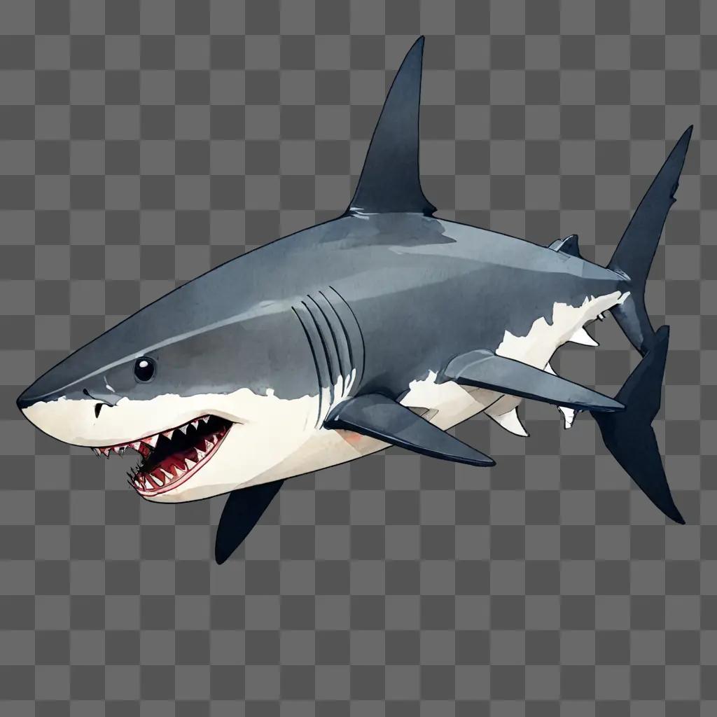 shark drawing for kids A large shark with its mouth open on a gray background