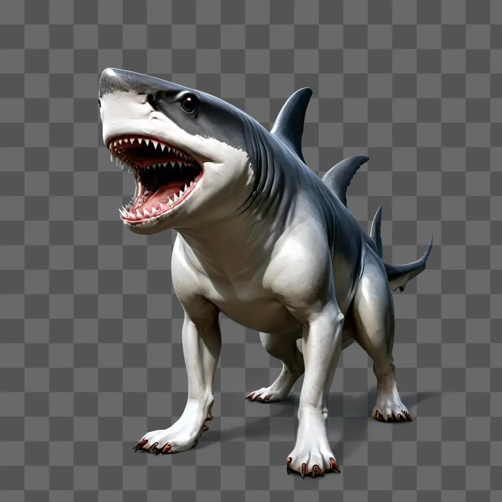 shark drawing realistic A white and grey shark statue with open jaws