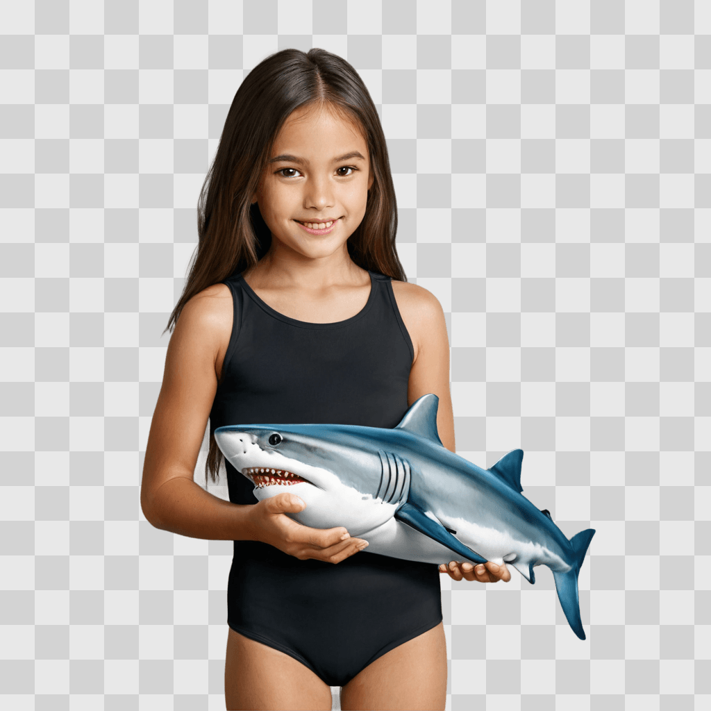 shark drawing realistic Young girl holds a life-sized shark toy