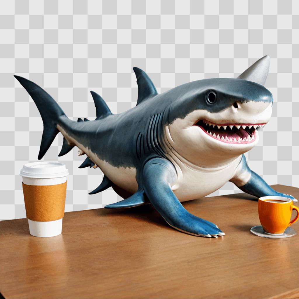 shark drawing with colour A shark statue sits on a table near a cup