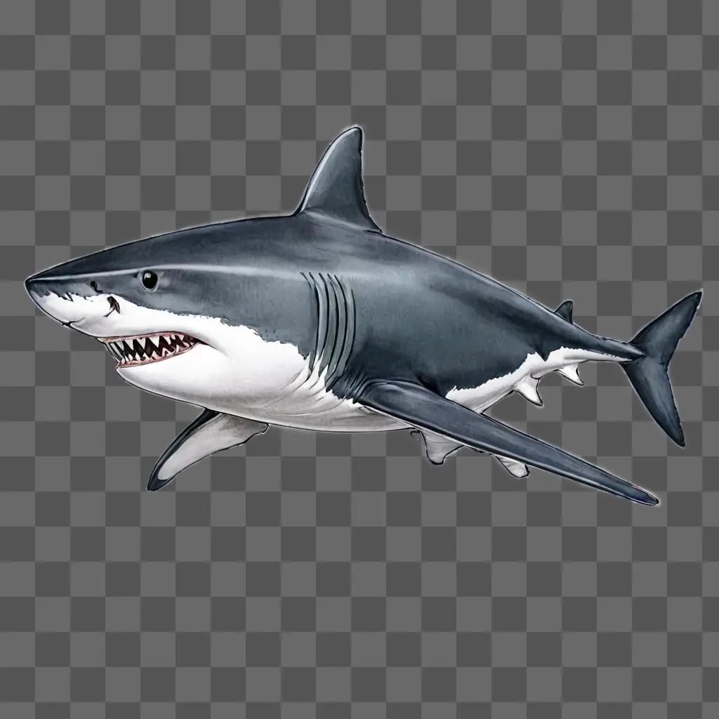 shark drawing with colour Grey shark with open mouth and teeth on a gray background