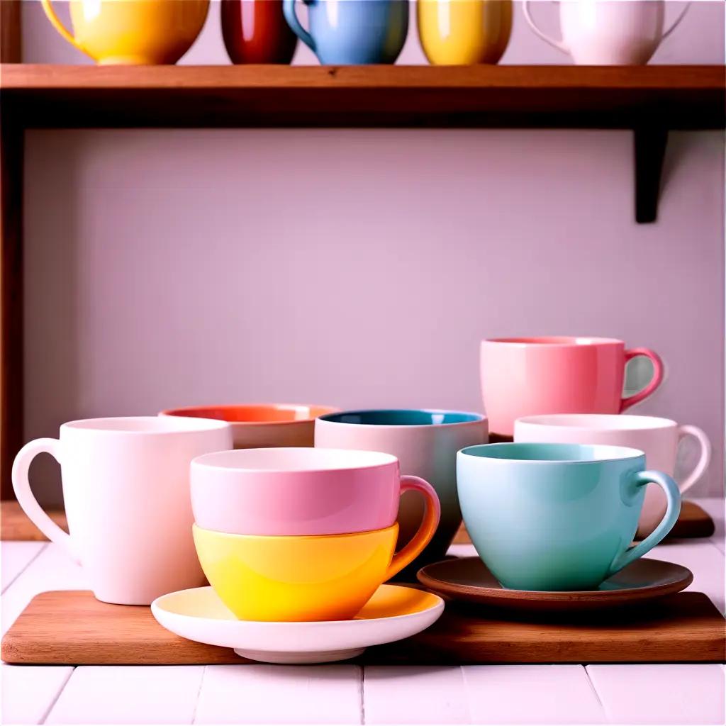 shelf filled with colorful cups and saucers